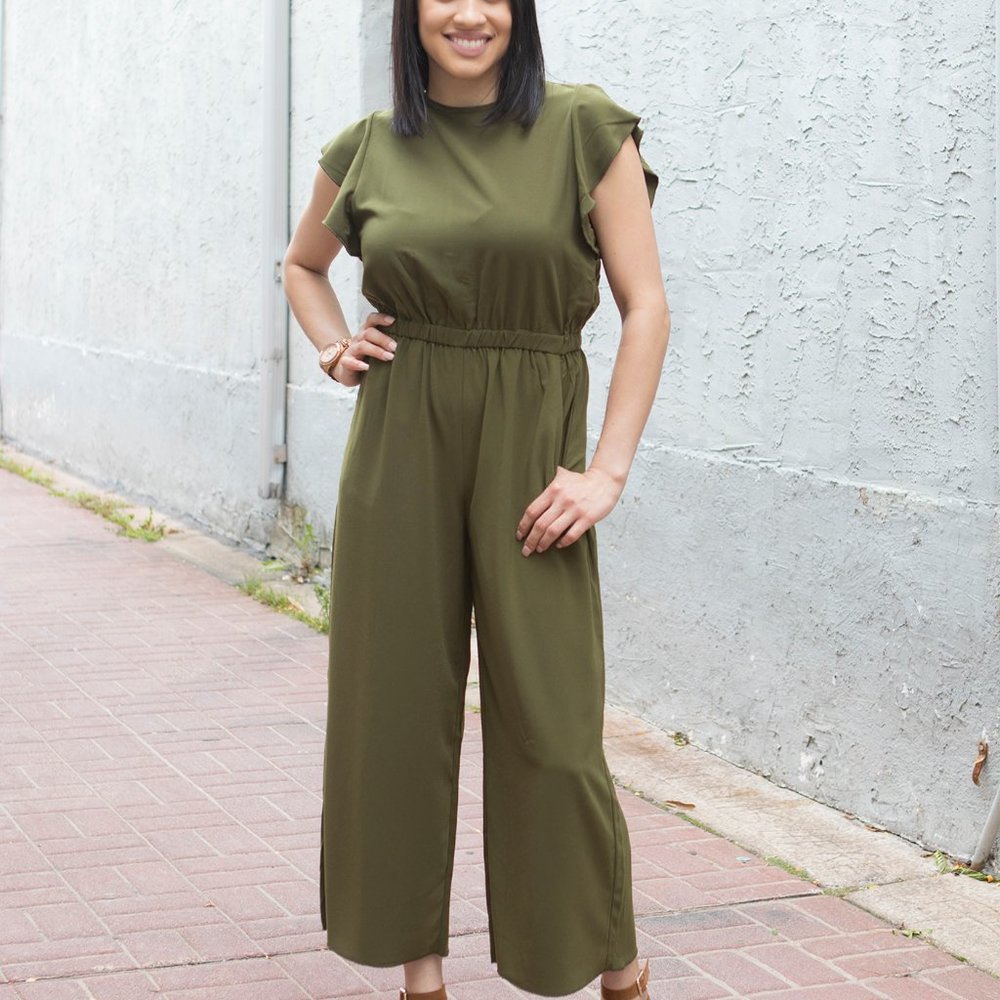 Olive Green Short Sleeve Jumpsuit with Pockets